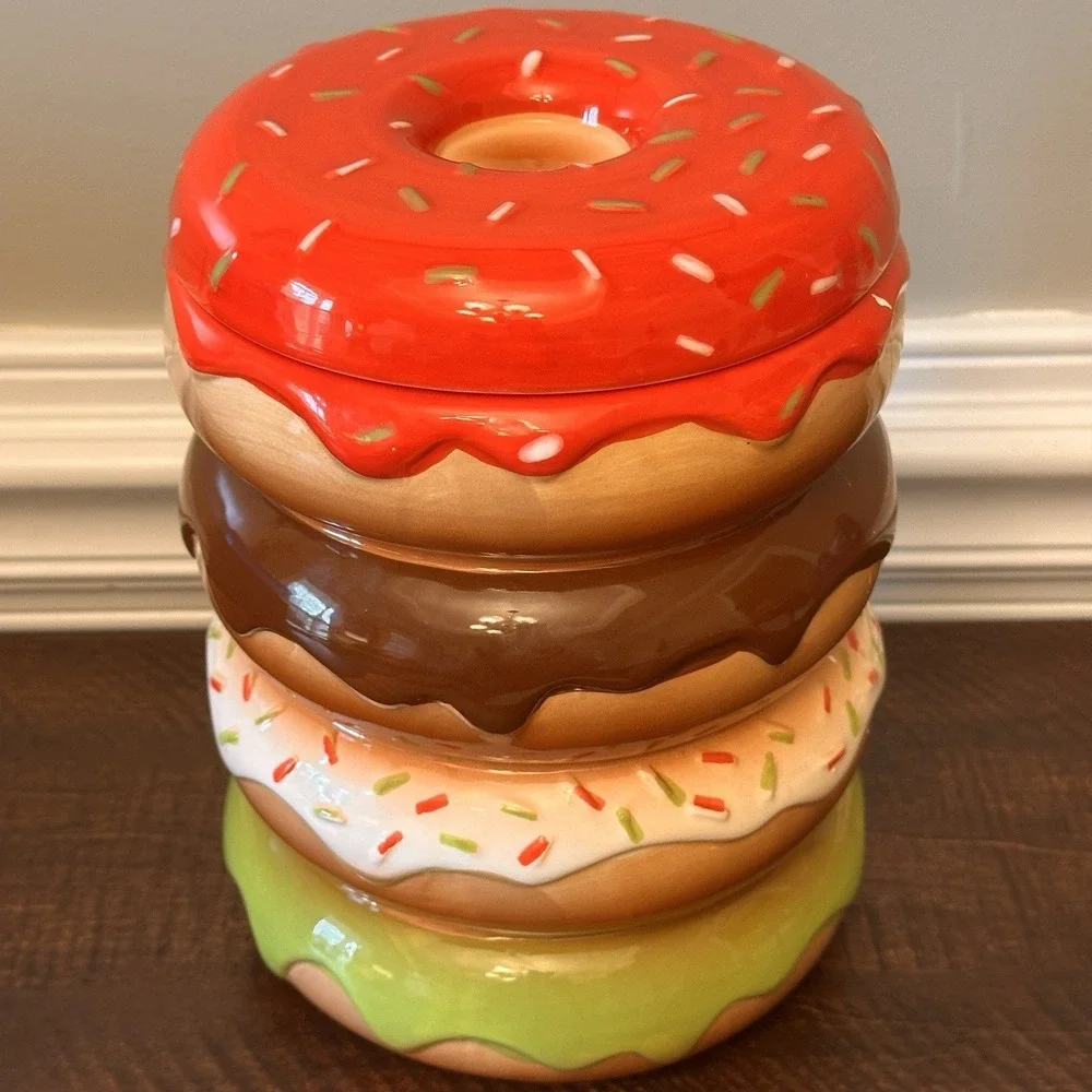 Sleigh Bell Bistro Stacked Donuts Ceramic‎ Cookie Jar Multi Color Novelty Decor